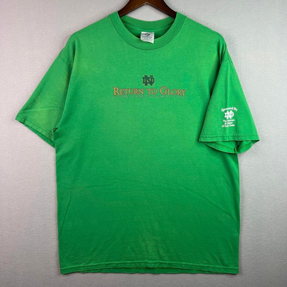 Vintage Notre Dame Football Return To Glory Helmet Graphic Green Tee Shirt XL